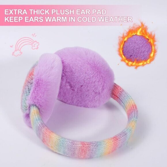 ⚡Kid Rainbow Pink Knitted Rainbow Winter Outdoor Plush Adjustable Warm Ear Muffs - Picture 3 of 7